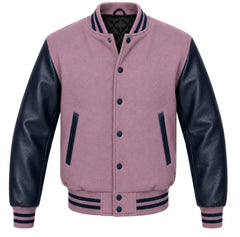 Mauve melton wool varsity jacket with navy blue leather sleeves, front view