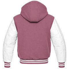 Mauve and White Letterman Jacket with Hood