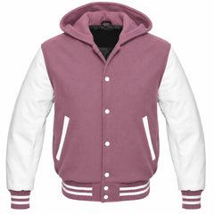 Mauve and White Letterman Jacket with Hood