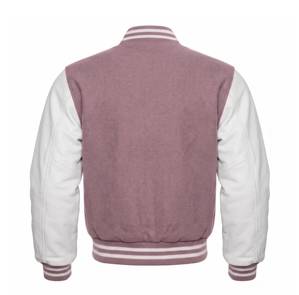 Mauve and White Varsity Jacket with Wool Body and Leather Sleeves Back View