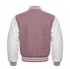 Mauve and White Varsity Jacket with Wool Body and Leather Sleeves Back View