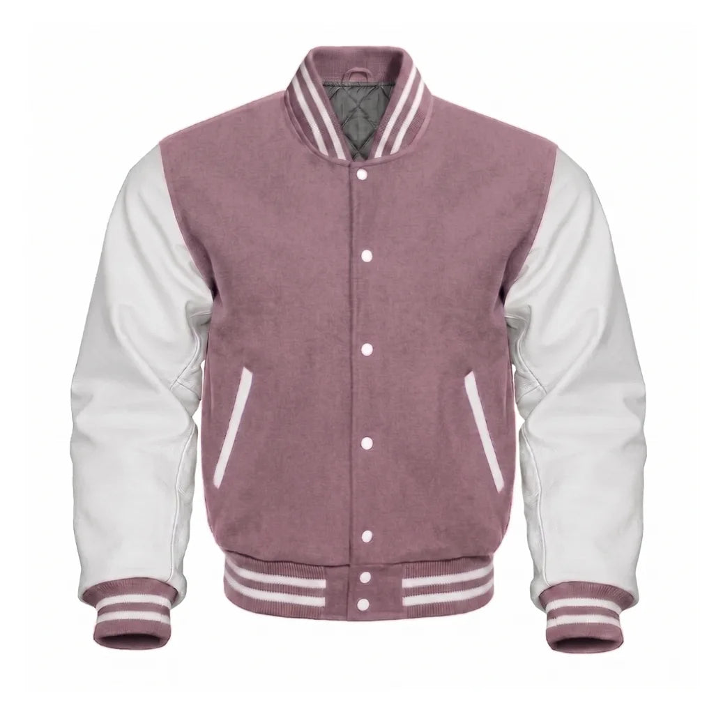 Mauve and White Varsity Jacket with Wool Body and Leather Sleeves