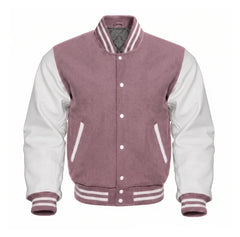 Mauve and White Varsity Jacket with Wool Body and Leather Sleeves