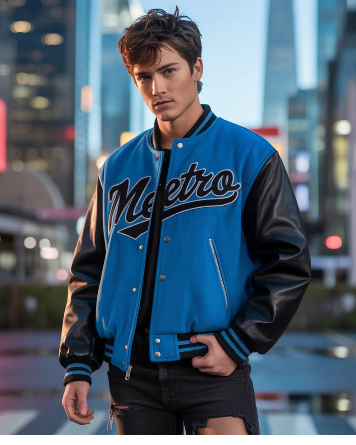 Person wearing a blue and black varsity jacket with 'Metro' text in an urban setting