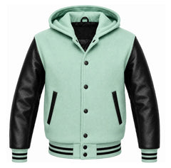 Mint Green and Black Hooded Varsity Jacket