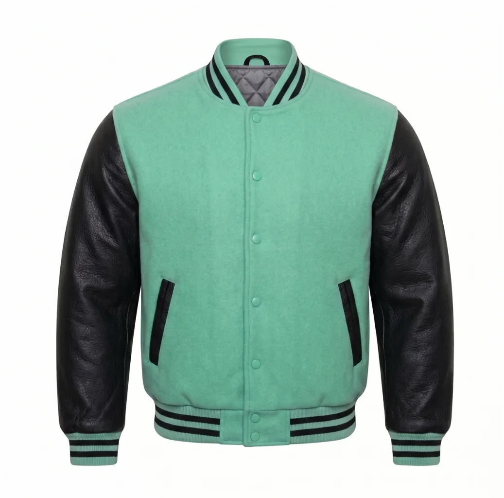 Mint Green and Black Varsity Jacket with Wool Body and Leather Sleeves