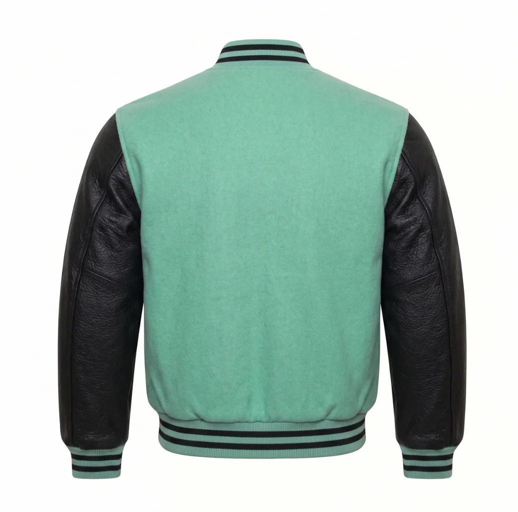 Mint Green and Black Varsity Jacket with Wool Body and Leather Sleeves Back View