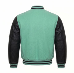 Mint Green and Black Varsity Jacket with Wool Body and Leather Sleeves Back View
