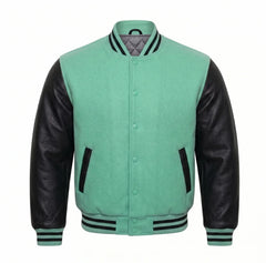 Mint Green and Black Varsity Jacket with Wool Body and Leather Sleeves