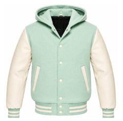 Mint Green and Cream Hooded Letterman Jacket