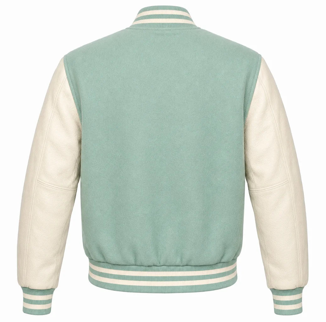 Mint green wool letterman jacket with cream cowhide sleeves, back view