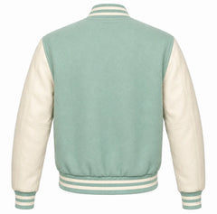 Mint green wool letterman jacket with cream cowhide sleeves, back view