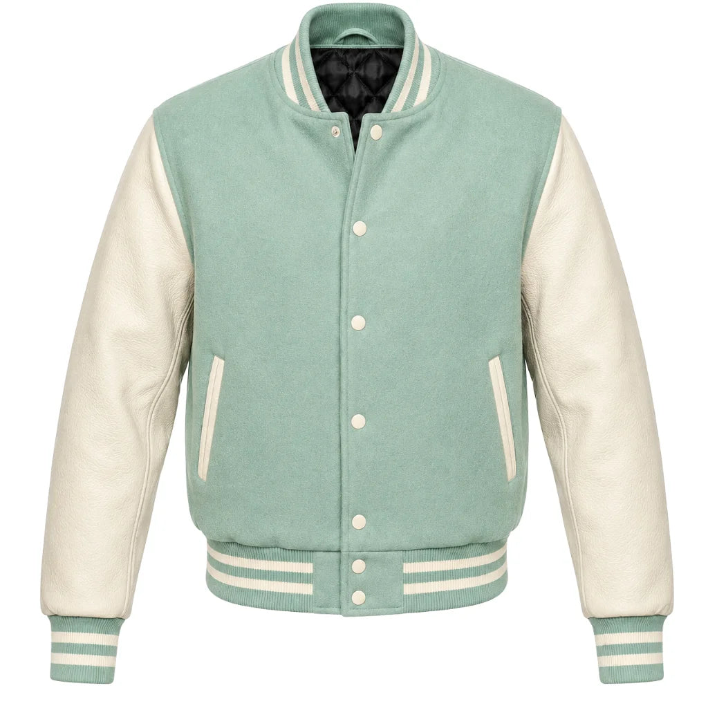 Mint green melton wool letterman jacket with cream leather sleeves, front view