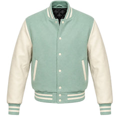 Mint green melton wool letterman jacket with cream leather sleeves, front view