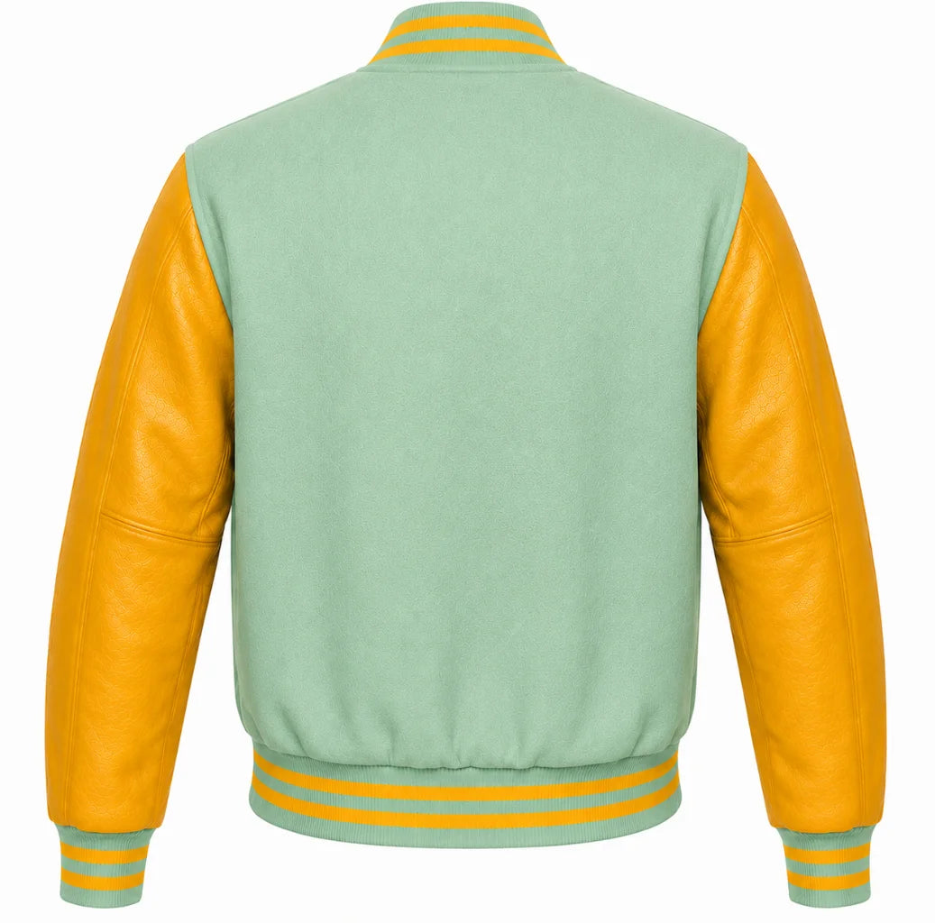 Mint green wool varsity jacket with gold cowhide sleeves, back view