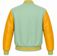 Mint green wool varsity jacket with gold cowhide sleeves, back view