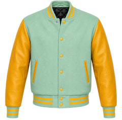 Mint green melton wool varsity jacket with gold leather sleeves, front view