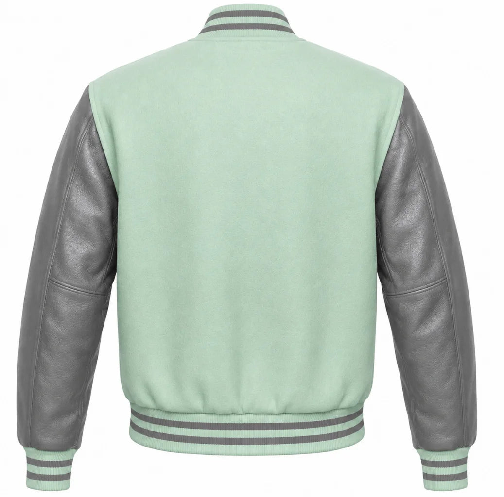 Mint green wool varsity jacket with grey cowhide sleeves, back view