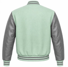 Mint green wool varsity jacket with grey cowhide sleeves, back view