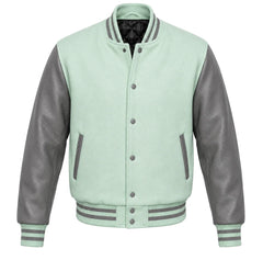 Mint green melton wool varsity jacket with grey leather sleeves, front view