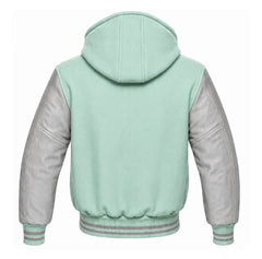 Mint Green and Grey Varsity Jacket with Hood