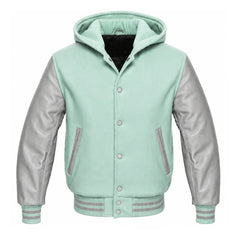 Mint Green and Grey Varsity Jacket with Hood