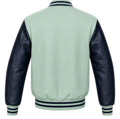 Mint green wool varsity jacket, navy blue leather sleeves, back view