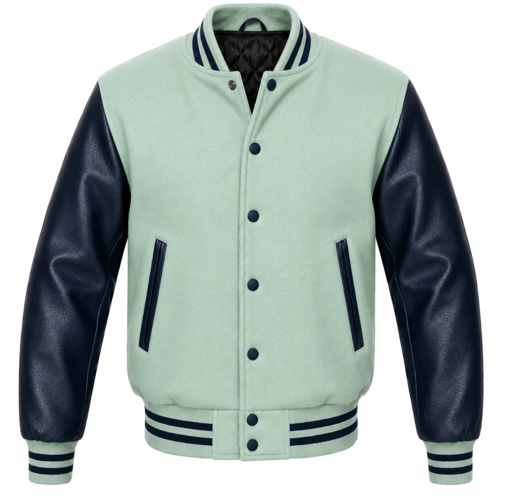 Mint green melton wool varsity jacket with navy blue cowhide sleeves, front view