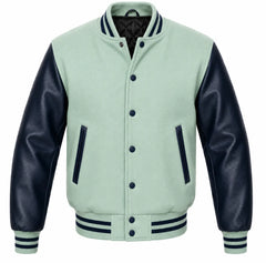 Mint green melton wool varsity jacket with navy blue cowhide sleeves, front view