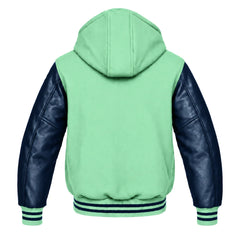 Mint Green and Navy Blue Varsity Jacket with Hood