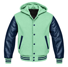 Mint Green and Navy Blue Varsity Jacket with Hood