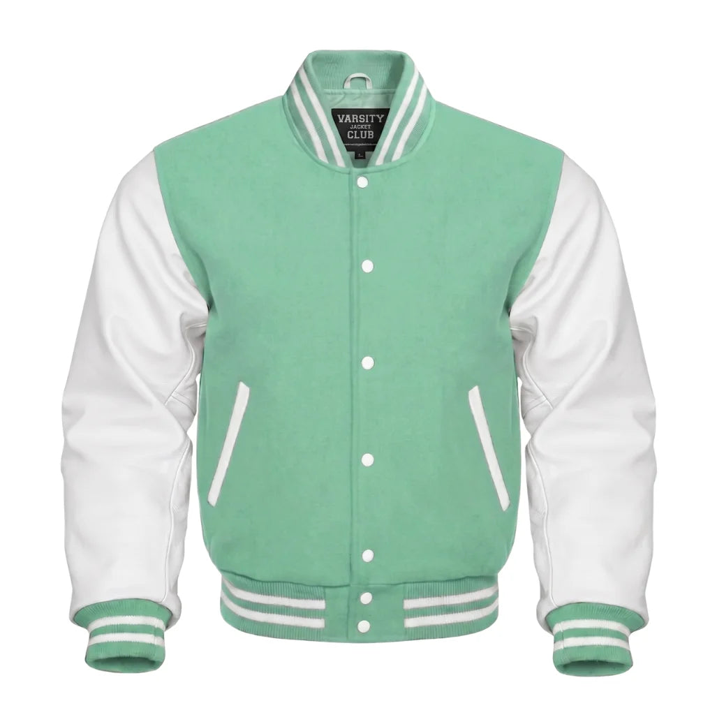 Mint Green and White Varsity Jacket with Wool Body and Leather Sleeves
