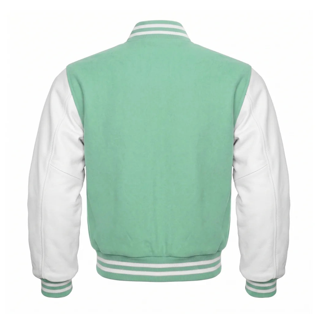 Mint Green and White Varsity Jacket Back View