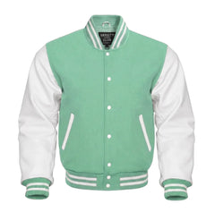 Mint Green and White Varsity Jacket with Wool Body and Leather Sleeves