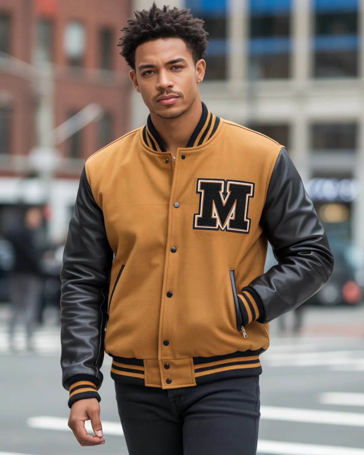 Man wearing a tan and black varsity jacket with a large 'M' on a city street.