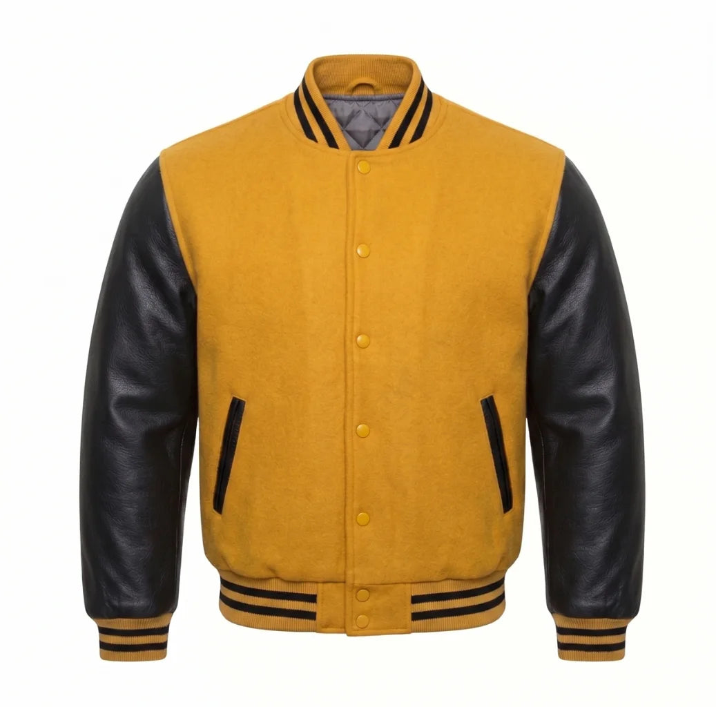 Mustard Yellow and Black Varsity Jacket with Wool Body and Leather Sleeves