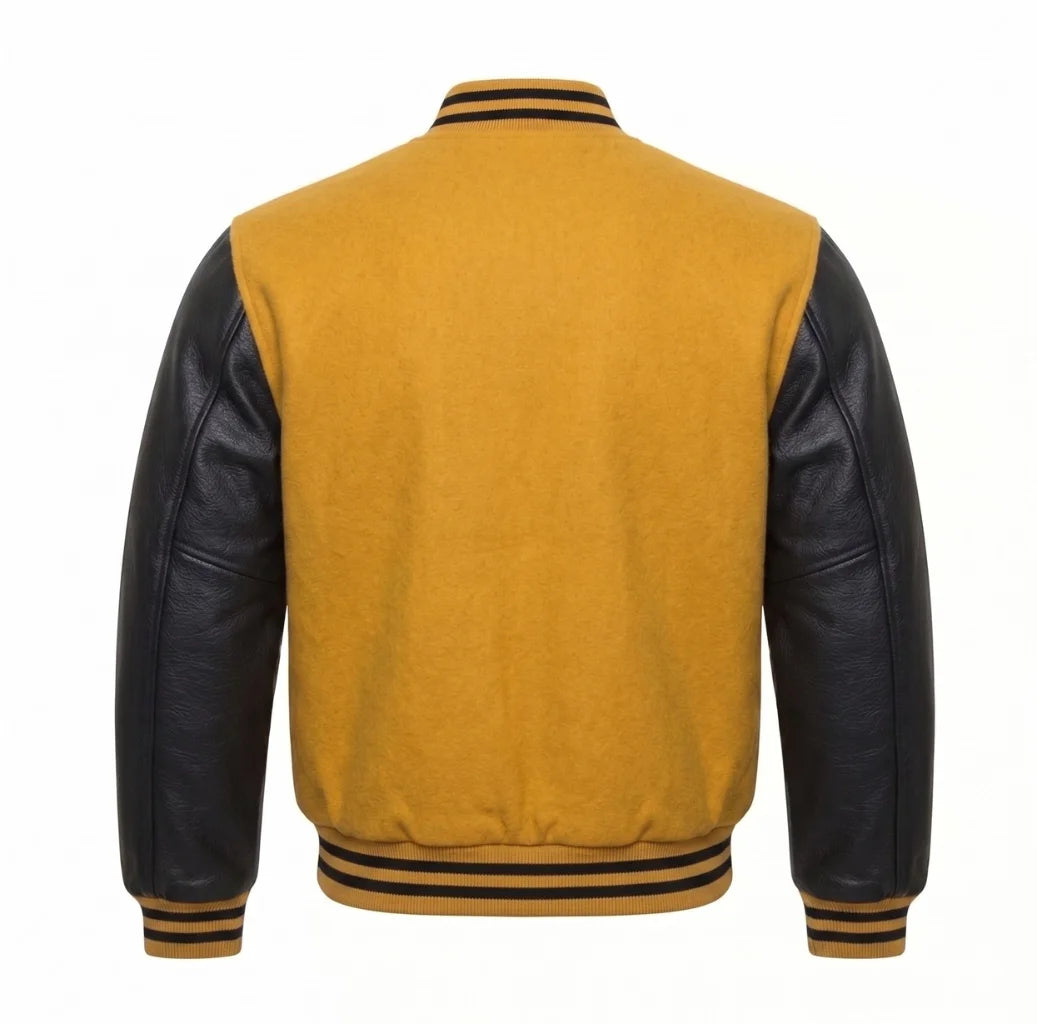 Mustard Yellow and Black Varsity Jacket with Wool Body and Leather Sleeves Back View