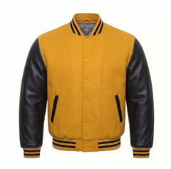 Mustard Yellow and Black Varsity Jacket with Wool Body and Leather Sleeves