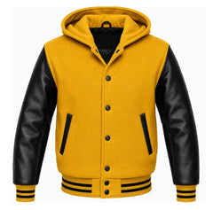 Mustard Yellow and Black Varsity Jacket with Hood
