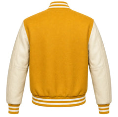 Mustard yellow wool varsity jacket with cream leather sleeves, back view