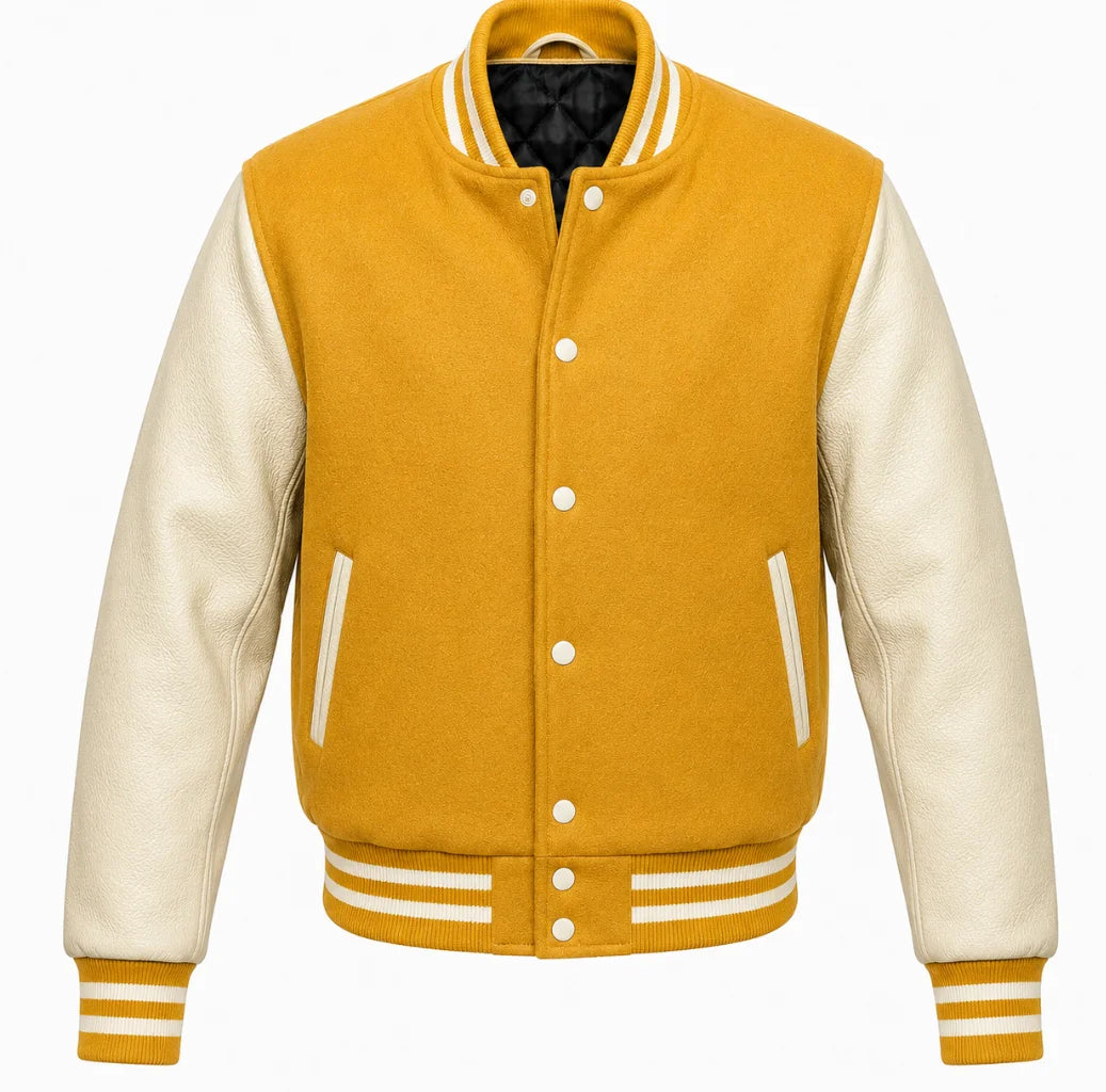 Mustard yellow melton wool varsity jacket with cream leather sleeves, front view