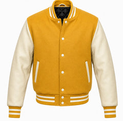 Mustard yellow melton wool varsity jacket with cream leather sleeves, front view