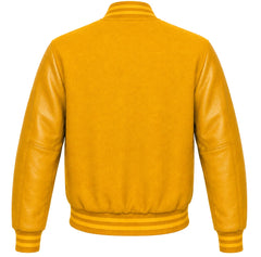 Mustard yellow wool letterman jacket with gold cowhide sleeves, back view