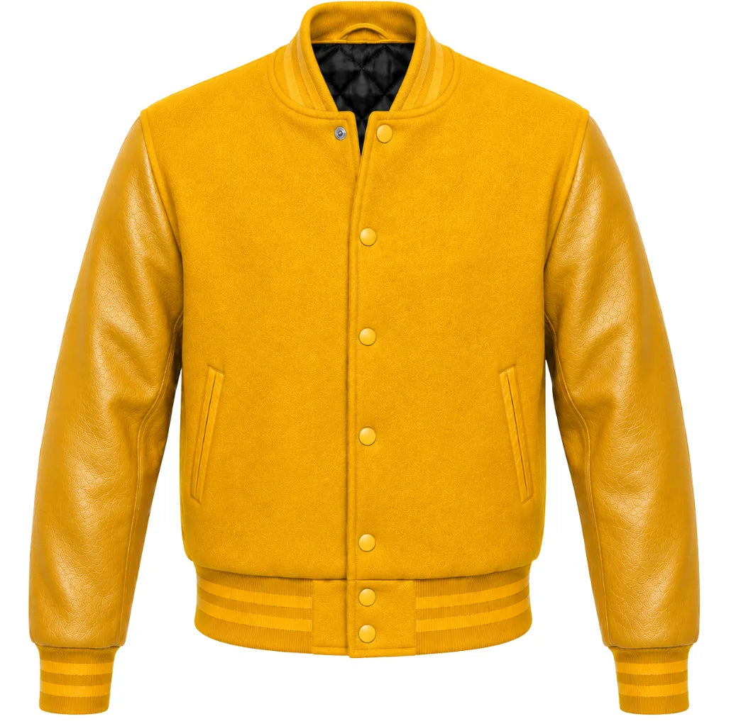 Mustard yellow melton wool letterman jacket with gold leather sleeves, front view