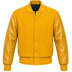 Mustard yellow melton wool letterman jacket with gold leather sleeves, front view