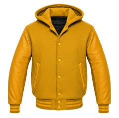 Mustard Yellow and Gold Varsity Jacket with Hood