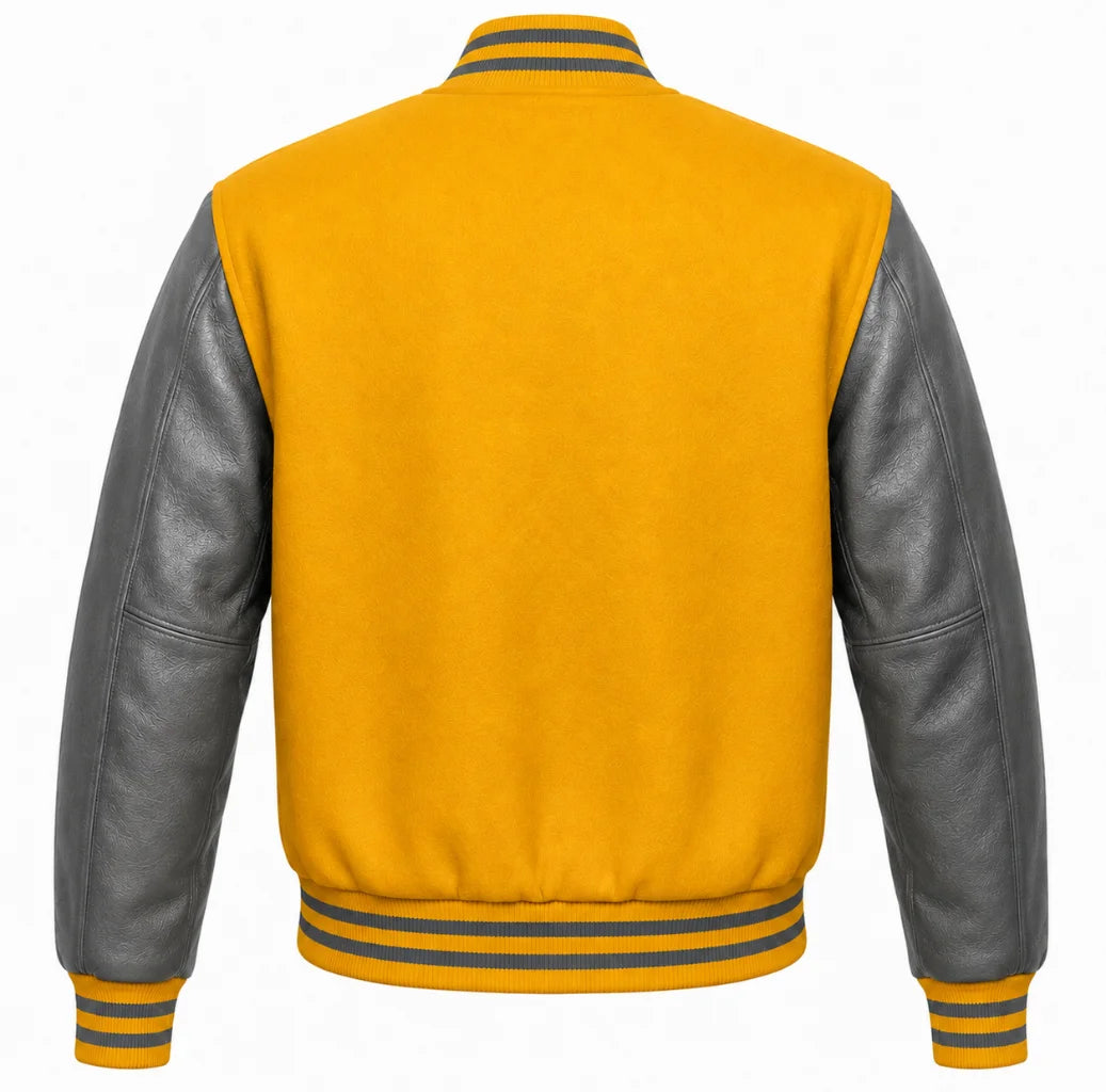 Mustard yellow wool letterman jacket with grey cowhide sleeves, back view