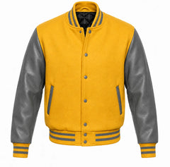 Mustard yellow melton wool letterman jacket with grey leather sleeves, front view
