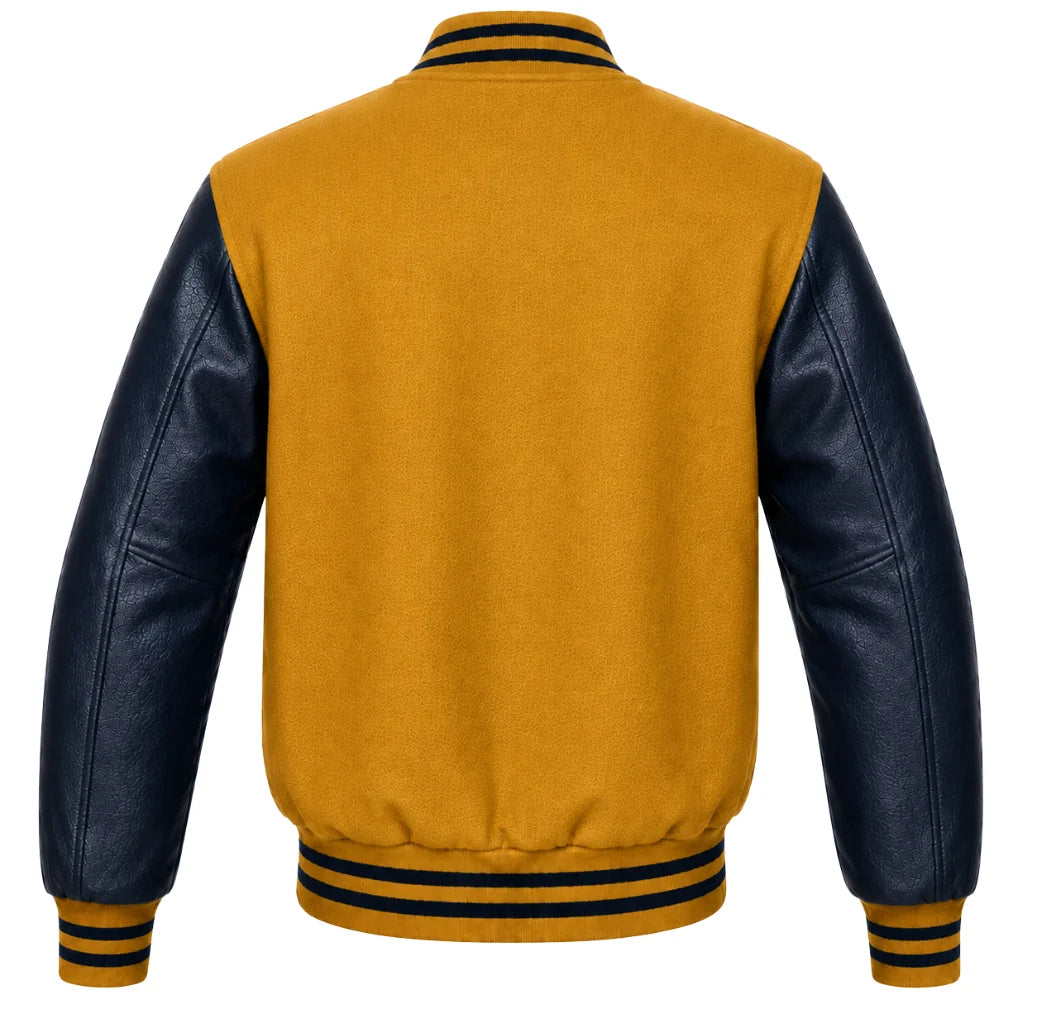Mustard yellow wool letterman jacket with navy leather sleeves, back view