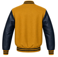 Mustard yellow wool letterman jacket with navy leather sleeves, back view